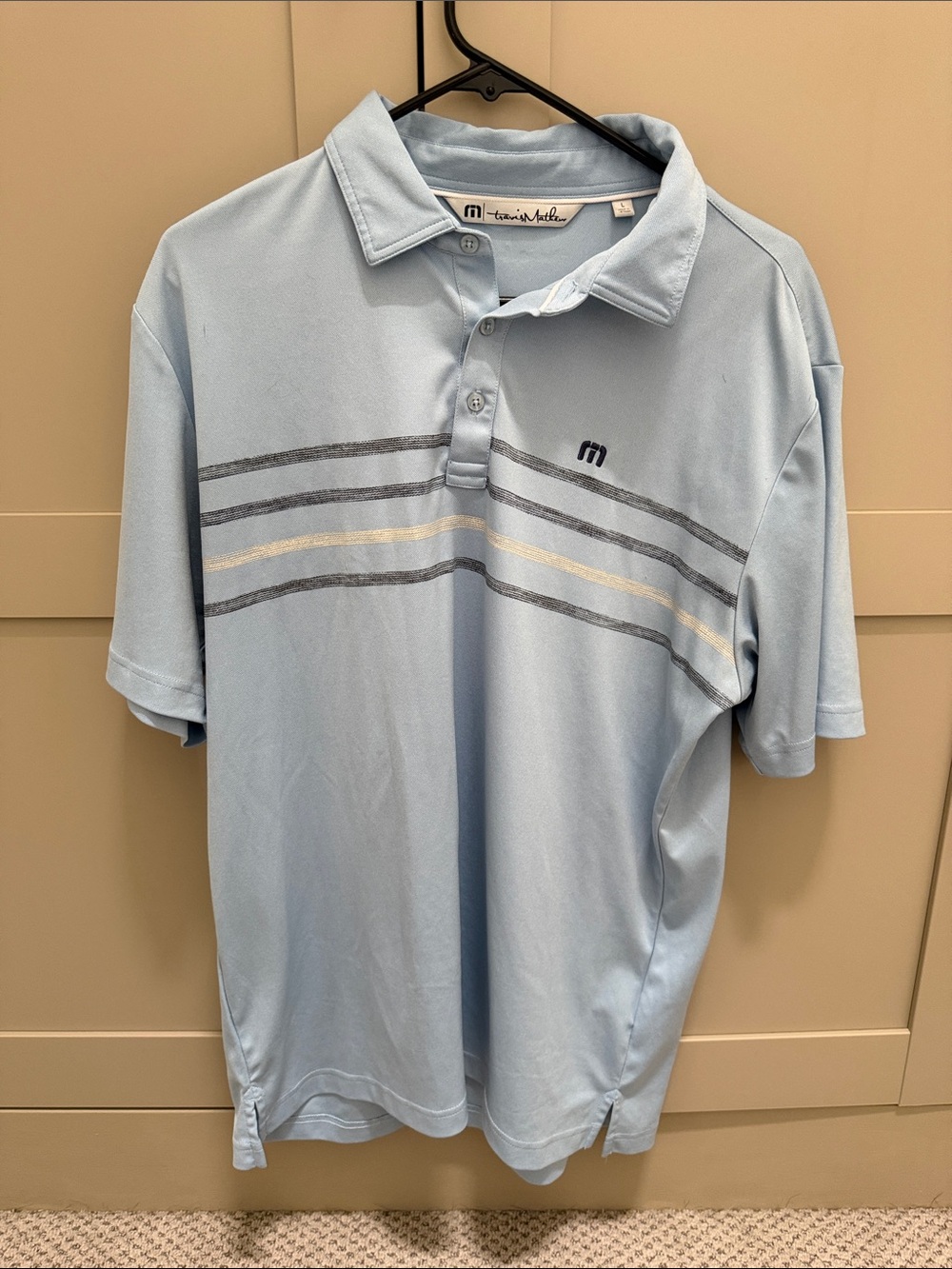 Travis Mathew Light Blue Polo with Gray and White Stripes